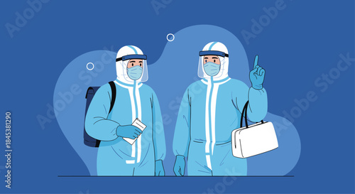 Two healthcare workers wearing full personal protective equipment and hazmat suits, ready to treat patients during an epidemic.