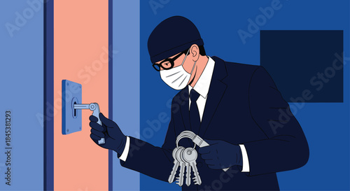 Burglar in a mask and beanie hat attempting to pick a lock on a door with a set of keys during a nighttime break-in.