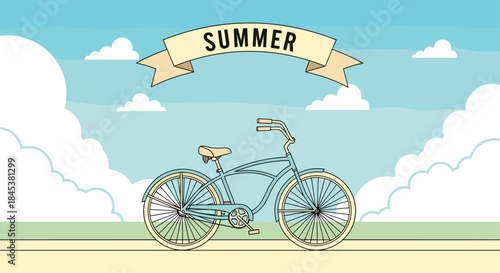 Vintage beach cruiser bicycle parked on a sidewalk with a "Summer" banner overhead against a blue sky with clouds.