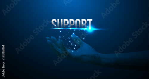 Support Technology Concept with Human Hand for concepts related to AI, machine learning, data search, automation, digital assistants, and modern technology innovation.
