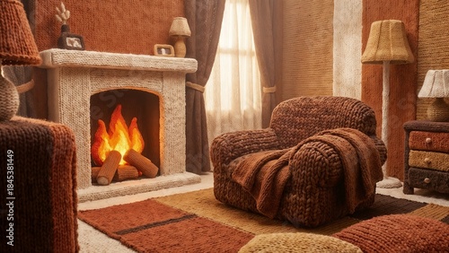 Cozy knitted living room with fireplace, armchair, and warm colors in a homely atmosphere