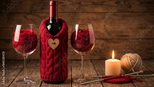 Romantic setting with a knitted wine bottle holder, glasses, and a candle on a wooden table