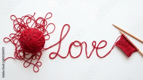 Red yarn spelling love with a ball of yarn and knitting needles on a white background