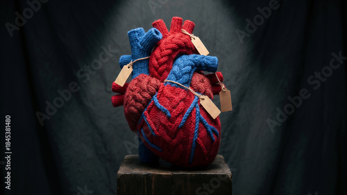 Knitted human heart sculptures in red and blue yarn on a wooden pedestal