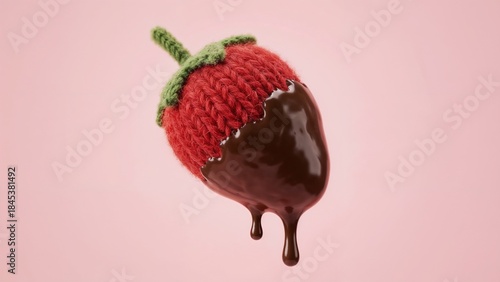 Knitted strawberry dipped in chocolate with a green leaf on a pink background