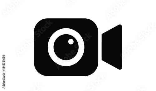 A simple black and white illustration depicts a video camera icon featuring a prominent lens and recording button suitable for digital interfaces