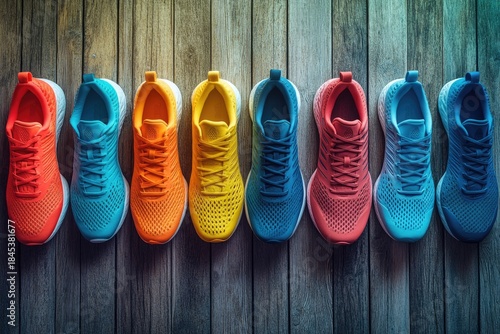 Colorful Running Shoes on Wood