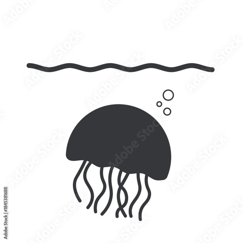 Jellyfish pictogram under ocean surface with wave symbol, marine hazard icon emphasizing safety, warning swimmers of dangerous beach conditions.