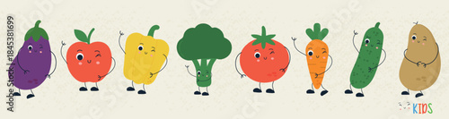 Cute cartoon vegetables characters vector set isolated on beige background. Perfect for kids' educational materials, healthy eating campaigns, or children's design projects.