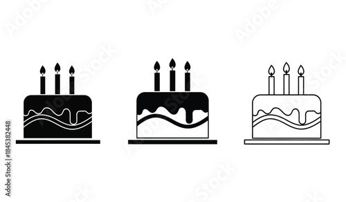 this image displays three variations of a birthday cake icon showcasing differing levels of detail and line thickness all with candles high quality
