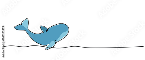 Whale Watching Month. cartoon whale diving in water isolated illustration clipart symbol sign, One continuous line drawing for Poster, banner, background, doodle single line art empty copyspace