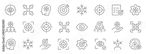 Focus and concentration thin line icons set. Editable stroke. Vector