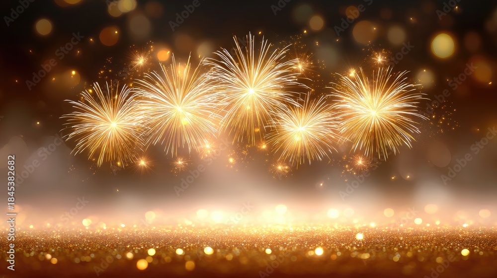 Fototapeta premium Stunning display of vibrant fireworks illuminating a dark night sky over shimmering golden lights and elegant bokeh background for celebrations and events