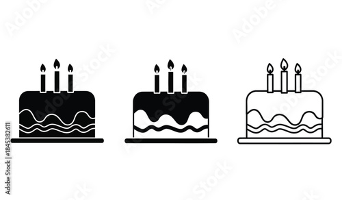 A simple black and white illustration depicts three different tiered cakes each adorned with a varying amount of lit candles on top symbolizing celebration