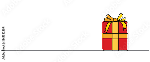 red Wrapped gift present box with yellow ribbon bow for birthday, christmas isolated Vector illustration clipart symbol sign, One continuous line art drawing for Poster, banner background copyspace 