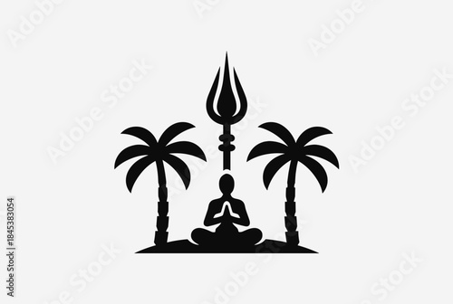 A black silhouette logo depicting a person meditating in lotus pose between two palm trees with a trident symbol above.