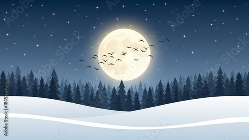 Stunning full moon night sky over a snowy forest landscape with birds flying across the bright lunar disk