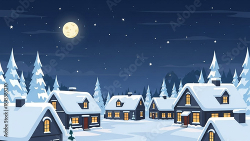 Cozy winter village scene under a starry night sky with a full moon and snowcovered houses and pine trees