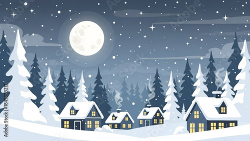 Winter night scene with snowing village, full moon, and pine trees