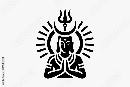 Stylized black and white graphic illustration of a spiritual figure in a meditative pose, adorned with a crescent moon, trident, and radiating halo.