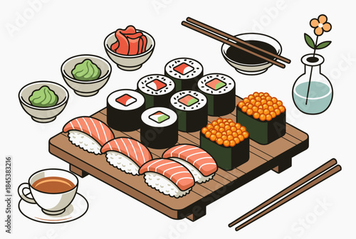 A delightful isometric illustration of a sushi platter with various types of sushi, wasabi, ginger, soy sauce, chopsticks, and a cup of tea.