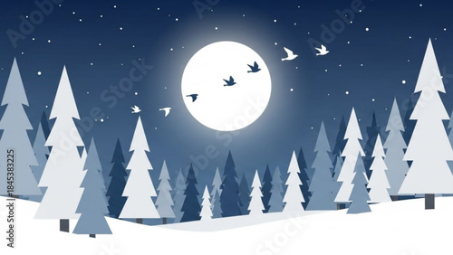 Winter night scene with full moon over snowy forest and flying birds