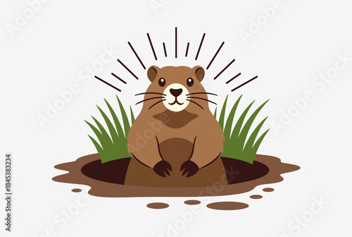 A cartoon illustration of a cute brown groundhog peeking out of its burrow with green grass and radiating lines.