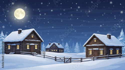 Cozy wooden cabins in a snowy village landscape under a full moon and falling snow at night