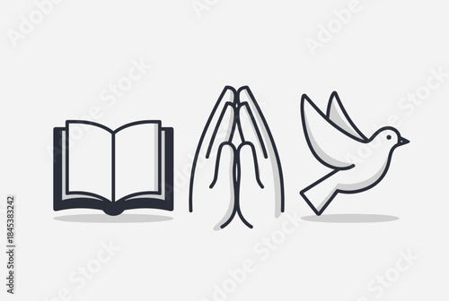 Three religious icons: an open bible, praying hands, and a white dove, symbolizing faith and spirituality.