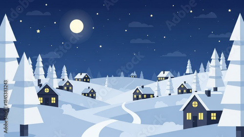 Winter night landscape with snowy village, moon, and stars