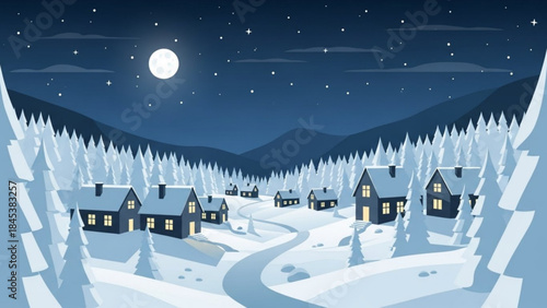 Winter night landscape with a small village nestled in a snowy valley surrounded by frosted pine trees under a bright full moon and starry sky