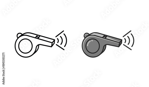 The image displays two depictions of a referee whistle one as a simple outline and another shaded both showing sound waves high quality