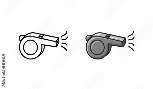 An illustration showcases two depictions of a referee whistle one outlined in black and the other shaded gray with visible sound waves