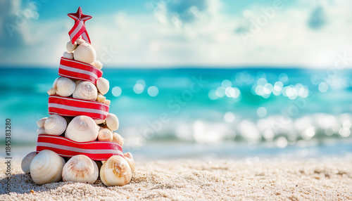 Seashell Christmas tree on sandy beach by the ocean