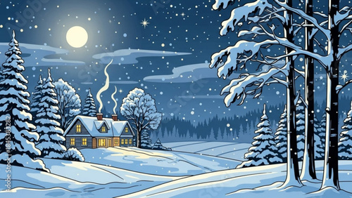 Winter Wonderland: A picturesque winter scene of a quaint house nestled in a snow-covered landscape under the soft glow of the moon. This idyllic image evokes a sense of peace and tranquility.