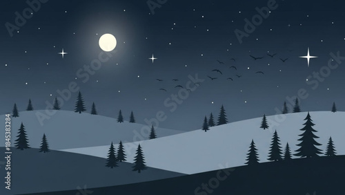 Serene Nightscape: Witness the enchantment of a winter night, a scene of silent majesty. Rolling hills are gently touched by a gentle moonlight, and a sprinkling of stars adds an extra layer of peace.