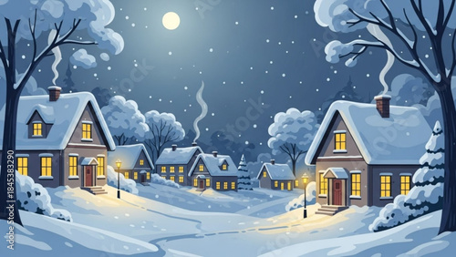 Winter Village Serenity: A picturesque village scene blankets in a gentle snowfall beneath the moonlight, with cozy homes emanating warmth and tranquility. The calm serenity of a winter night.
