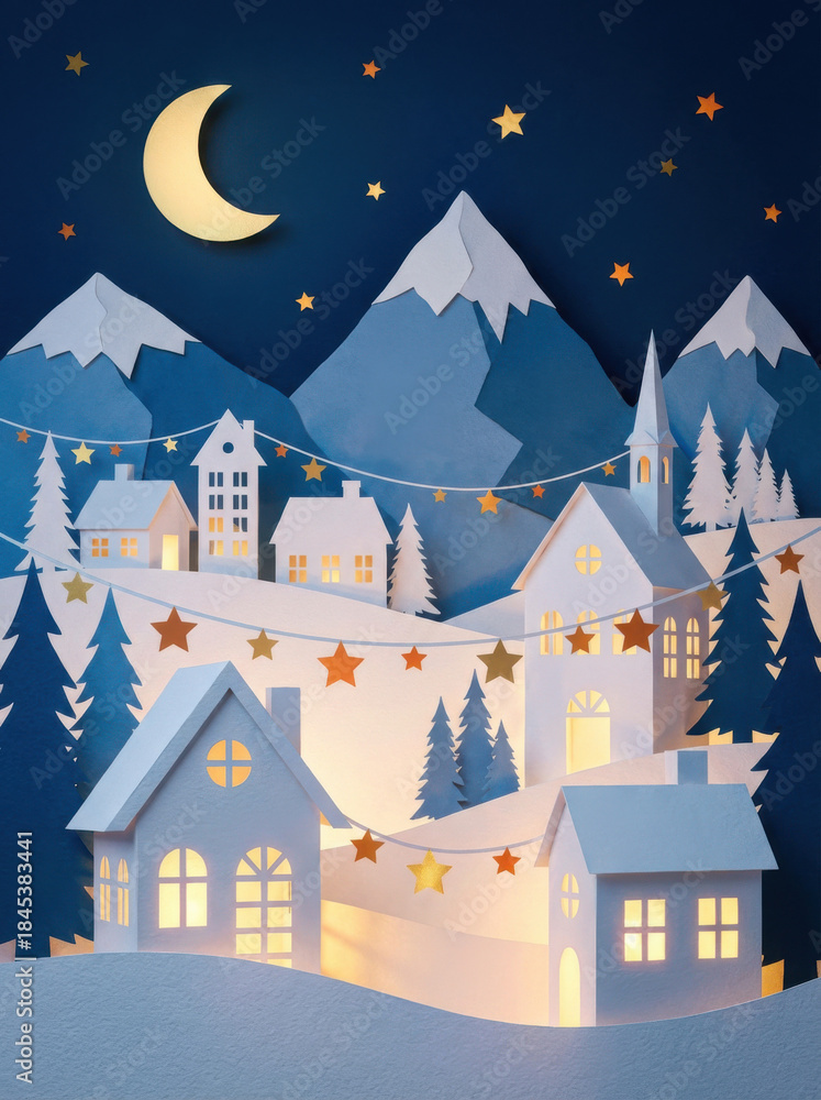 Fototapeta premium Snowy Night Village With Cozy Mountain Homes.