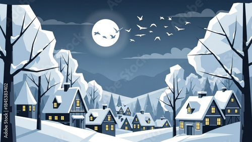 Winter Village Scene: A serene winter landscape, village nestled amongst snowy trees, under the soft glow of a full moon and flock of birds soaring through the night sky.
