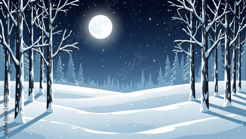 Serene Winter Night: An illustrated tranquil winter scene bathed in the soft glow of the moon, offering a sense of peace and tranquility. 