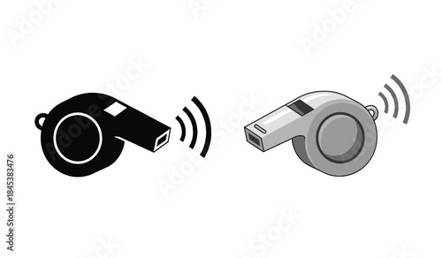 A detailed illustration showcases two distinct representations of a referee whistle one in black and white and the other in grayscale with sound wave