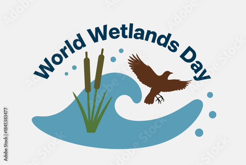 World Wetlands Day logo featuring a flying bird, cattails, and a blue wave representing water and nature conservation efforts.