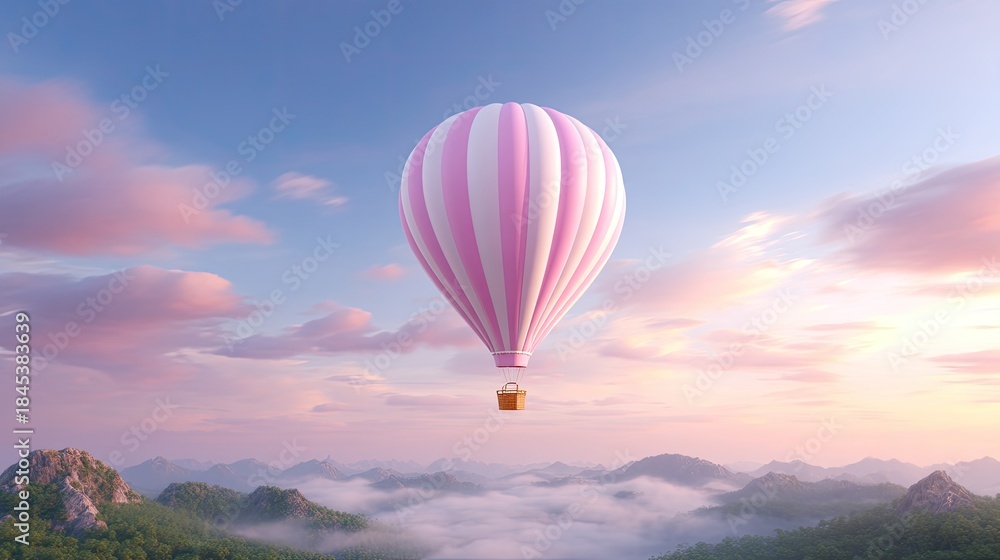 Fototapeta premium Colorful hot air balloon soaring above misty mountains during sunrise, providing a serene and dreamy landscape for adventure and travel enthusiasts.