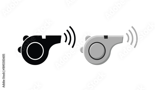 A depiction of two distinct dog whistles represented in grayscale and black both emitting sound waves signifying communication or training high quality professional