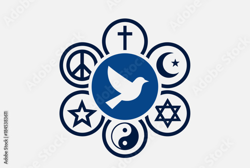 A blue and white emblem showing a dove of peace surrounded by symbols of various world religions and a peace sign, representing interfaith unity and harmony.