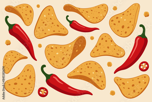 A vibrant flat lay of golden potato and tortilla chips scattered with bright red chili peppers and sliced chilies on a light background.