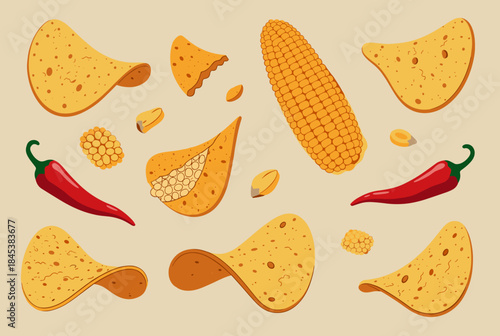 A colorful vector illustration featuring a variety of tortilla chips, chili peppers, and corn, highlighting a playful snack design.