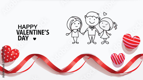 Happy valentine's day couple holding hands with heart decorations and red ribbon on white background