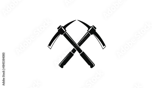 A striking graphic presentation features two crossed pickaxes in a bold black silhouette symbolizing labor mining and industrial strength against a simple white background