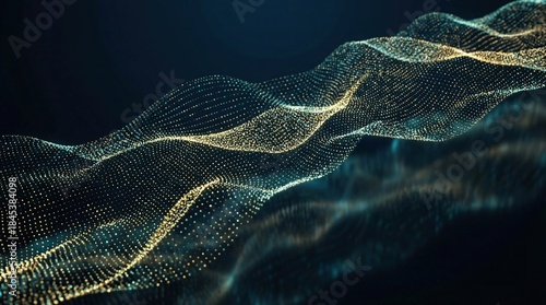 Fototapeta Naklejka Na Ścianę i Meble -  Big Data Flow Abstraction. Seamless abstract geometric background of millions of tiny, illuminated gold and teal data particles streaming in a smooth wave pattern.